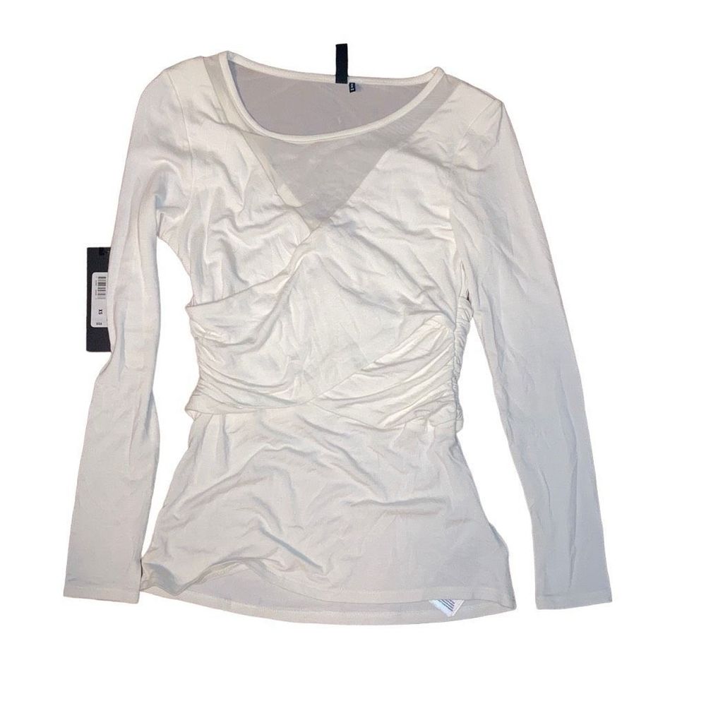 NWOT Marciano Size XS White Long Sleeve Mesh V Neck Top Criss Cross Front Blouse